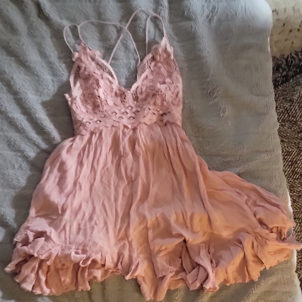 Free People Pink Chemise with Ruffled Hem